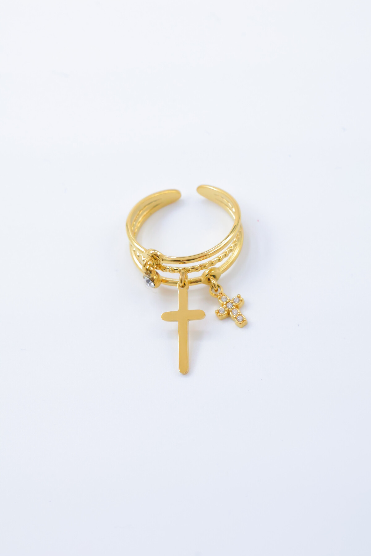 bague-en-acier-inoxydable-ajustable_dore_689393442f296 Anel com cruz em aço inoxidável ajustável - Image 1